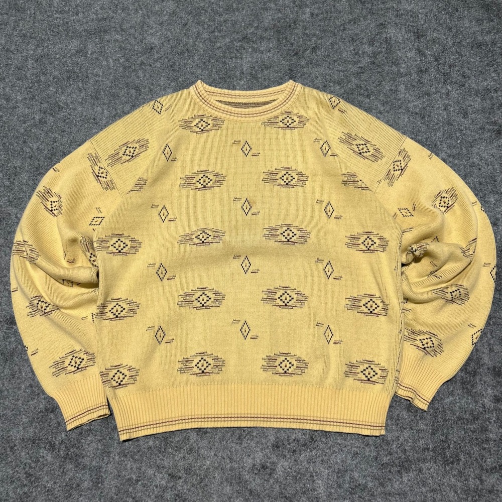 Vintage Southwestern Geometric Knit Sweater Yellow Skater Baggy Retro Size XL‎